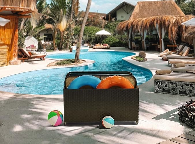 EUNHOO Rolling Poolside Float Storage, Pool Storage Bin, Outdoor Storage Organizer PE Rattan Pool Towel Rack for Floaties, Pool Accessories and Patio furniture Black - Black thumbnail 6