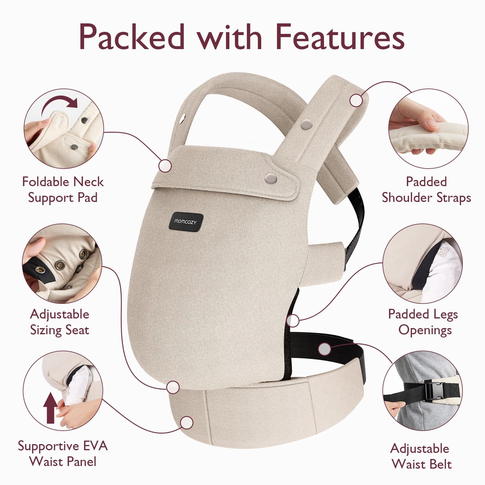 Momcozy Baby Carrier - Ergonomic, Cozy and Lightweight Carrier for 7-44lbs, Effortless to Put On, Ideal for Hands-Free Parenting, Enhanced Lumbar Support, Purehug for Infant to Toddler, Khaki thumbnail 5