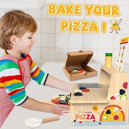 WOODMAM Wooden Pizza Toy - 48 PCS Montessori Pretend Play Food for Ages 3+, Educational Learning Toy Wooden Playset with Bake Oven, Christmas Birthday Gift for 3 4 5 6 Year Old thumbnail 2