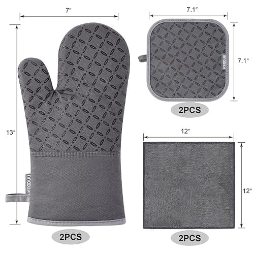 KEGOUU Oven Mitts and Pot Holders 6pcs Set, Kitchen Oven Glove High Heat Resistant 500 Degree Extra Long Oven Mitts and Potholder with Non-Slip Silicone Surface for Cooking (Grey) thumbnail 3