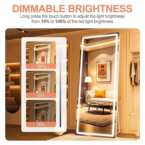 WINNICE Full Length Mirror with Lights, 56" x 15.8" LED Lighted Floor Standing Body Mirror, Dimmable & 3 Color Lighting for Bedroom, Cloakroom, Dressing Room, Tempered Glass, White thumbnail 7