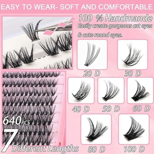 Lash Clusters Kit, 640 Pcs Eyelashes Clusters Extensions Kit 9-16mm Individual Lashes D Curl Fluffy Wispy False Eyelashes Thin Band, with Bond Seal Tweezers Brush DIY (30D+40D+50D+60D Kit 9-16mm) thumbnail 2