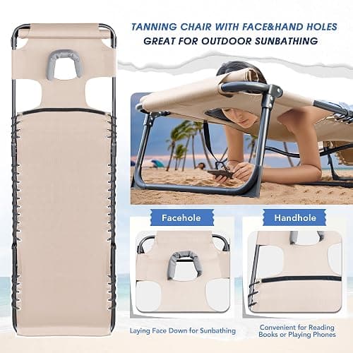 Flamaker Face Down Chaise Lounge Chair 5-Position Adjustable Sunbathing, Foldable Tanning Chair with Face& Arm Holes, Outdoor Recliner Chair for Pool, Beach, Patio, Lawn (Beige, 1 Pcs) thumbnail 4