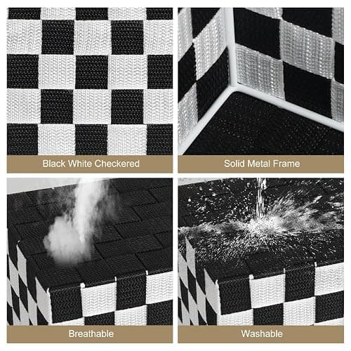 BinWhiz 2-Pack Checker Pattern Woven Bins, 16” Ribbon Metal Wire Desk Organizer, Drawer Dresser Baskets, Countertop Toilet Paper Storage Containers (Black & White) thumbnail 4