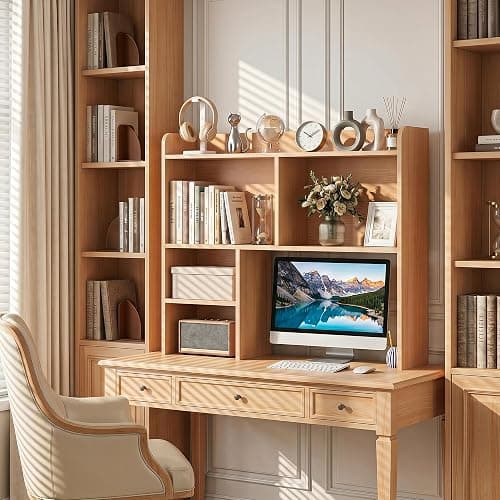 JupiterForce Desktop Bookshelf, Wooden Desktop Hutch Desk Shelf Storage Rack for Home Office, Study, Dorm Room, Multi-Compartment Desktop Organizer (Natural, 4 Shelves) thumbnail 4