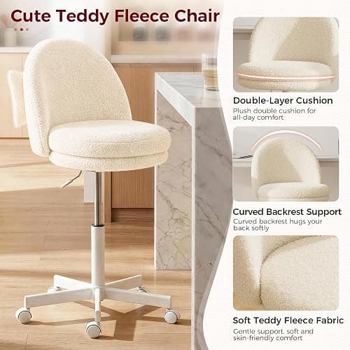 GTPLAYER Velvet Tall Office Chair with Wheels Vanity Chairs with Back, Versatile Height Use: Office to Bar Stools Small Ergonomic Comfy Armlees Computer Desk Chair with Bow Lumbar Pillow for Gift thumbnail 4