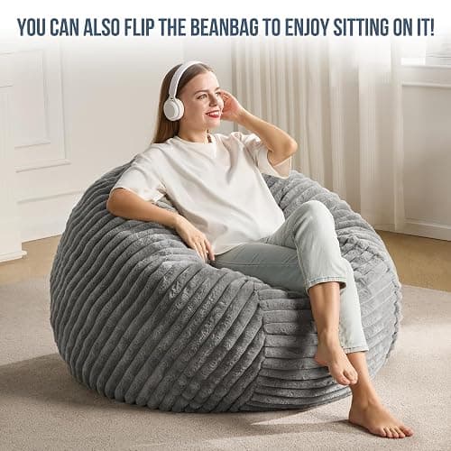 Hobestluk 3ft Bean Bag Chairs for Adults Large Beanbag Chair with Stripe Plush Cover Big Bean Bag Chair for Living Room Bedroom Dorm Office - Grey (36” x 36” x 22”) thumbnail 3