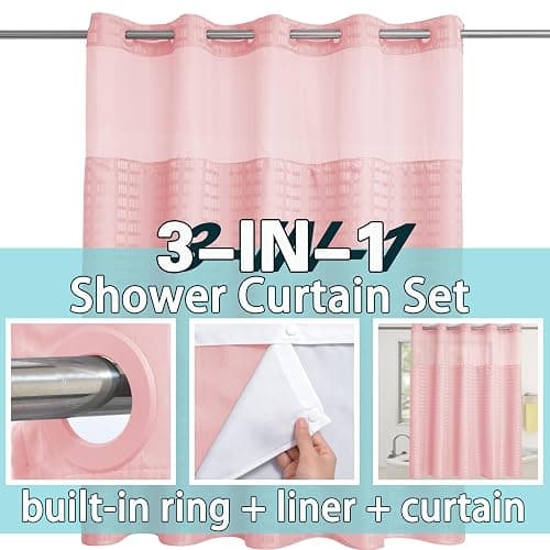 Conbo Mio Extra Long No Hook Shower Curtain with Snap in Liner Set, Hotel Luxury Pink Shower Curtains for Bathroom with See Through Top Window, Waterproof, Washable 71W x 84H thumbnail 4