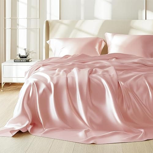 Bedsure Pink silk Sheets Queen Size - 4 Piece Silky Bedsheets with 15 Inches Deep Pocket Fitted Bedsheet,1 Flat Sheet, 2 Satin Pillowcases, Good for Hair & Skin (Queen, Peach Pink) thumbnail 2