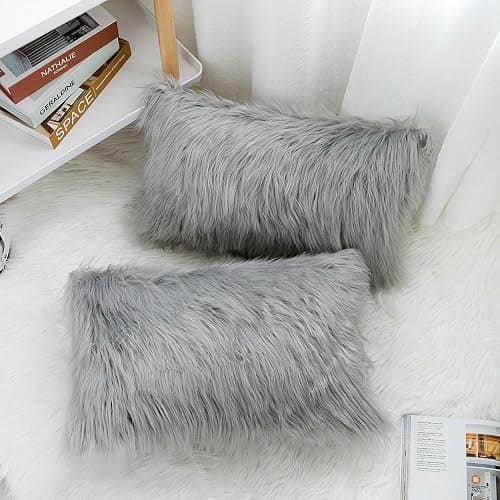WLNUI Set of 2 Light Grey Decorative Lumbar Fluffy Pillow Covers New Luxury Series Merino Style Faux Fur Throw Pillow Covers Fuzzy Cushion Case Spring Easter Home Decor 12x20 Inch thumbnail 3