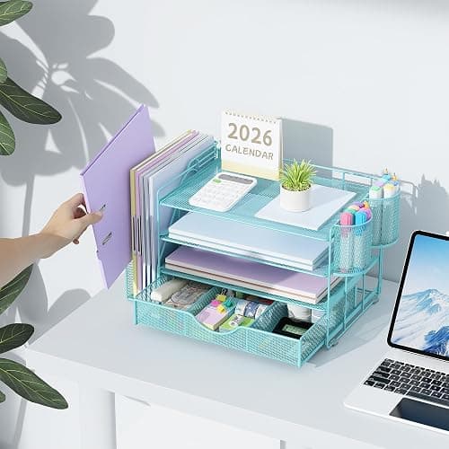 gianotter Desk Organizers and Accessories with File Holder, 4-Tier Desk Accessories & Workspace Organizers with Drawer and 2 Pen Holder, Paper Organizer for Office Supplies (Blue) thumbnail 2