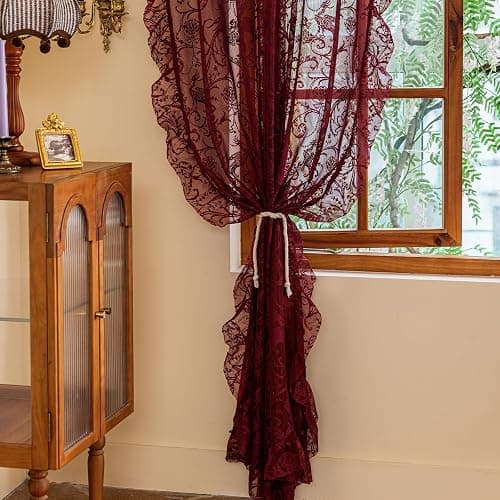 TUDECO Burgundy Sheer Curtains 84 Inches Long for Living Room - Luxury Modern Maroon Lace Curtains for Bedroom, Aesthetic Tulle Rod Pocket Light Filtering Farmhouse Red Drapes, 59 x 84 Inch, Dark Wine thumbnail 7