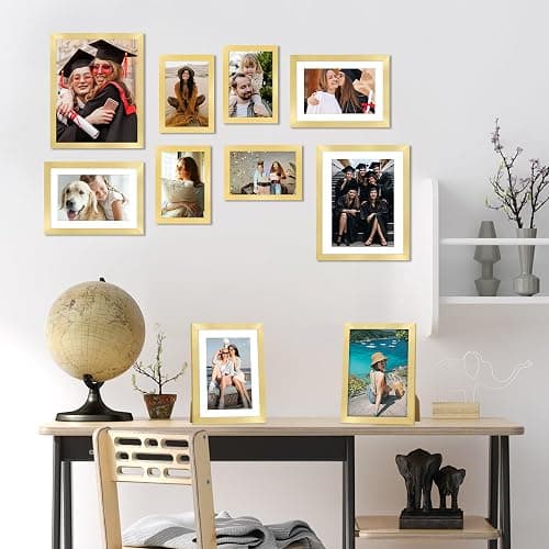FIXSMITH 10 Pack Picture Frames Collage Wall Decor for Mounting or Tabletop Display, Gallery Wall Frame Set with Two 8x10 Gold Frames, Four 5x7 and Four 4x6 Frames, Multi-Pack Photo Frame Set thumbnail 2