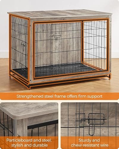 Feandrea Dog Crate Furniture, Side End Table, Heavy-Duty Modern Kennel Cage with Multi-Purpose Removable Tray, Double Doors, for Dogs up to 36 kg, Greige UPFC004G01 thumbnail 3