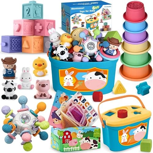 6 In 1 Baby Toys, 6-12 months Baby Toys, 0-6 12-18 Montessori Toddler Gifts For Toddlers, Farm Animals Playset & Teething & Stacking Building Block Cup & Tissue Box & Sensory Bin For Development - Image 1