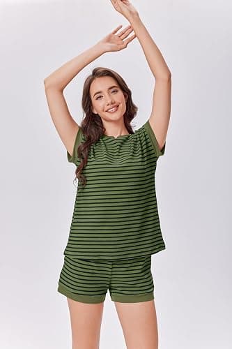 EKOUAER 2 Piece Sets for Women Summer Outfits Cute Stripe Knit T Shirts Shorts Matching Lounge Set thumbnail 4
