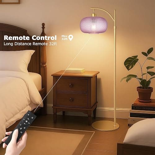 Duoled Glass Floor Lamp for Living Room, Modern Tall Standing Lamp with Pink Glass Lamp Shade, Dimmable Gold Tall Floor Lamp for Bedroom Office with Remote Control, 1 x 12W LED Bulbs Included thumbnail 9