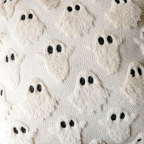 4TH Emotion Halloween Ghost Decorative Pillow Covers 18x18 Set of 2, Beige Soft Plush Faux Fur Farmhouse Throw Cushion Cases for Fall Holiday Home Decorations thumbnail 2
