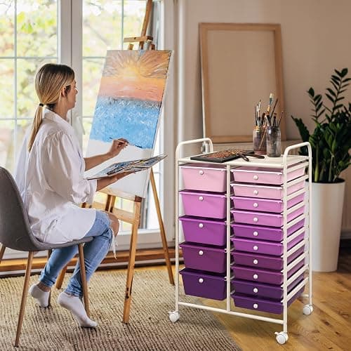 LDAILY 15 Drawer Rolling Storage Cart, Rolling Cart with Drawers for Classroom, Art Supply Craft Organizer on Wheel with Metal Frame & Handles for Home Office School thumbnail 2