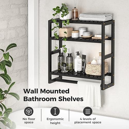 Bamworld Over The Toilet Storage Adjustable 3 Tiers Floating Shelves Bathroom Storage Shelves Organizer for Wall Mounted with Hanging Rod (Black) thumbnail 6