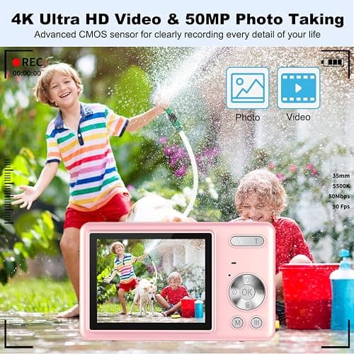 4K Digital Camera, Acbaeta Autofocus 50MP Vlogging Camera with 32G SD Card, 16X Zoom, Flash, Anti-Shake, Compact Portable Small Point and Shoot Digital Camera (Q12 Pro-Pink) thumbnail 2