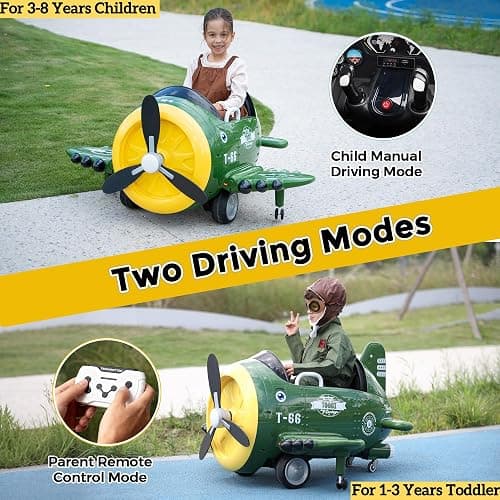 TOBBI Electric Car for Kids Ride On Airplane Toy w/Bombing Sound and Music | Battery Powered 12V Kids' Electric Vehicle Rideable Airplane with Remote Control for Toddlers Ages 3+ Years, Green thumbnail 5
