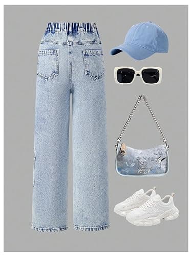 WDIRARA Girl's Bowknot Print Washed Jean Elastic Waist Denim Pants Straight Leg Trousers with Pockets thumbnail 4