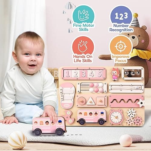 Kalotoys Large Busy Board Montessori Toys for 1 2 3 Year Old - Sensory Toys for Toddlers 1-3 - Fine Motor Skills & Early Learning - Montessori Gift for Boys & Girls - Travel-Friendly & Safe (Green) - Pastel Girl thumbnail 2
