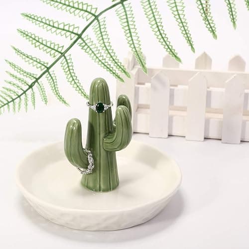 HOME SMILE Ceramic Cactus Ring Holder with Derorative White Dish for Jewelry,Christmas Birthday Gifts for Women thumbnail 2