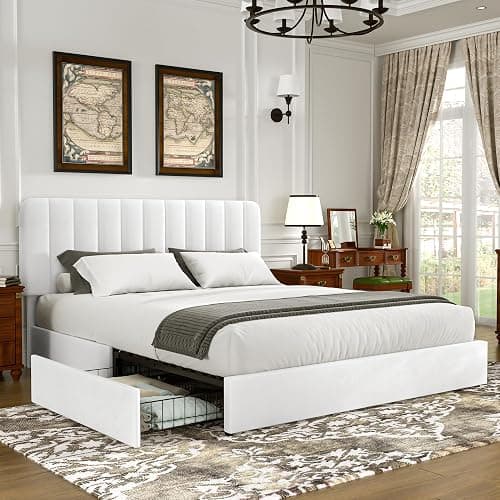 VECELO Queen Size Upholstered Bed Frame with 4 Drawers and Headboard, Velvet Platform Storage Bedframe, Wooden Slats Support, No Box Spring Needed,Snow-White thumbnail 2