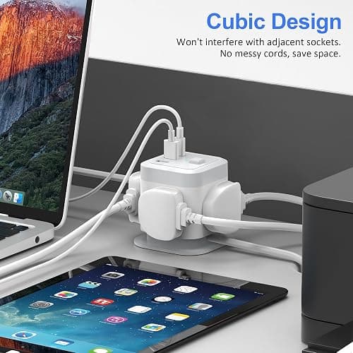 Tower Extension Lead with USB Slots 4 Way Cube Multi Plug with 1.5M Cable | 2 USB A and 1 USB C Ports, UK Power Strip with Switch Surge Protected Extension Socket Cord for Home Kitchen Office thumbnail 3