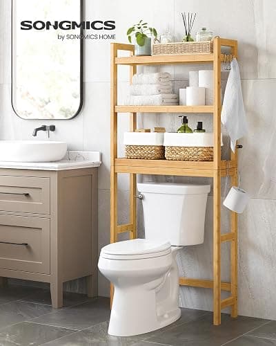 SONGMICS Over The Toilet Storage, 3-Tier Over Toilet Bathroom Organizer with Adjustable Shelf, 10.2 x 24.8 x 66.9 Inches, Space-Saving, Natural Beige UBTS001N01 thumbnail 2
