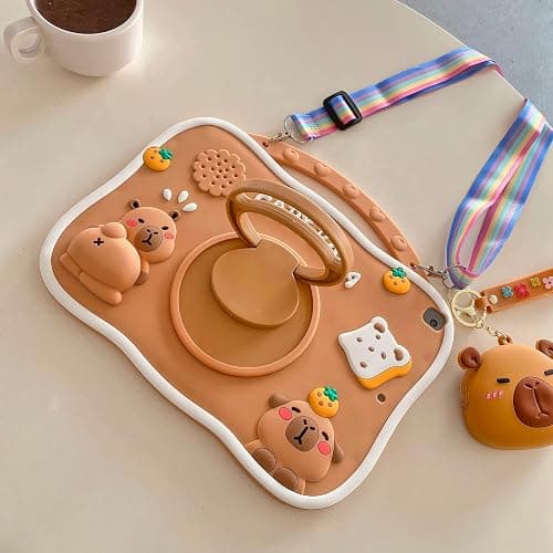 YOUSIDUN Capybara Kids Case for iPad 9th Gen(2021) / 8th Gen(2020) / 7th Gen(2019) 10.2 Inch,3D Cute Silicone Cartoon Cover for Boys with Rotating Stand, Adjustable Strap, Capybara Zipper Pouch- Beige thumbnail 4
