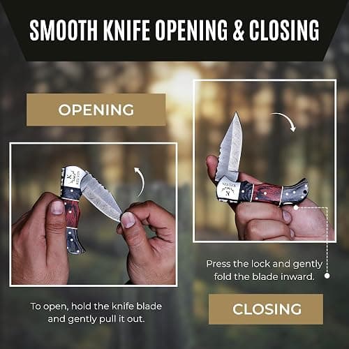 Motiwear Personalized Damascus Folding Pocket Knife, Leather Sheath, | Authentic Damascus steel | Custom laser engraving | Handcrafted leather sheath with belt loop & rod | For EDC & hunting thumbnail 4