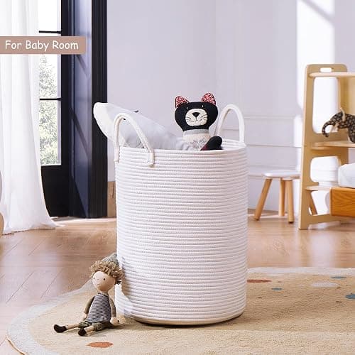 MOJOSCEND 60L Pure White Woven Hamper Laundry Basket Cotton Rope Blanket Basket for Living Room 20 inches Tall Clothes Hamper for Baby Nursery Kids in Bedroom thumbnail 4
