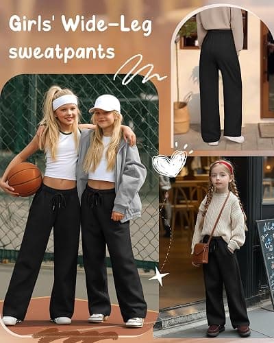 LessonZoo 3 Pack Girls' Sweatpants Wide Leg Drawstring Casual Kids Joggers Open Bottom Loose Solid Teen Pants with Pockets thumbnail 3