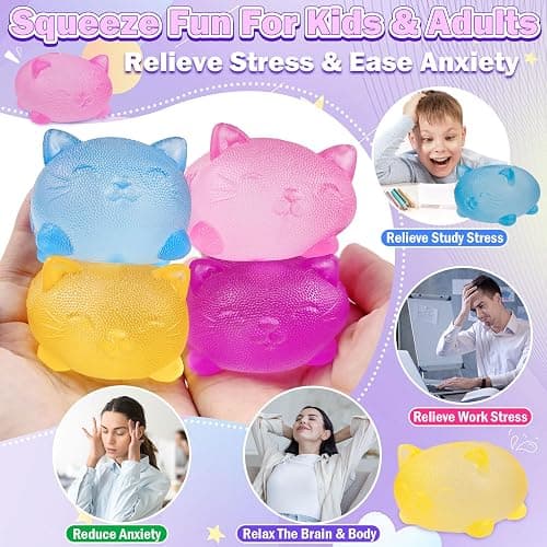 4 Pack Gummy Kitty & Sugar Ball Designs, Anxiety Relief & Focus Toy, Maltose Filled Squeeze Cat Toys for Sensory Play, Sensory Fidget Toys for Adults, Kids, Slow Rising Squishy Stress Ball thumbnail 3
