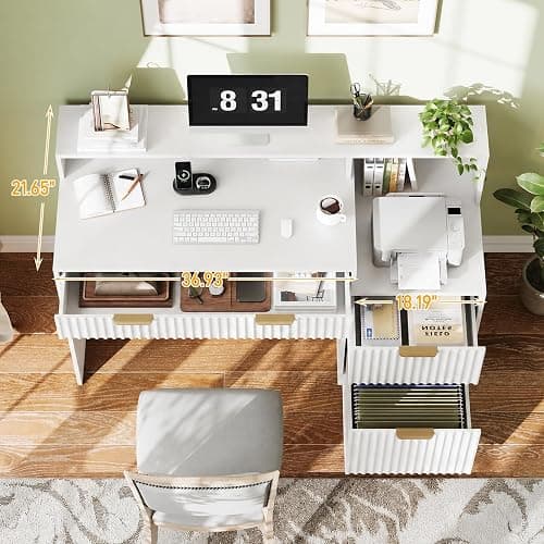 Vabches Fluted Computer Desk with Drawers, Home Office Desk with Power Outlets, Printer Stand and Storage Cabinet, Study Writing Desks with Long Monitor Stand, White thumbnail 6