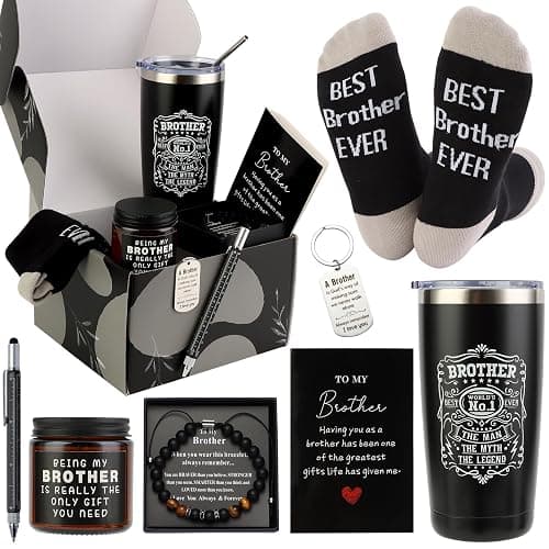 Brother Gifts for Men Christmas Gift Unique Gifts for Brother Including Tumbler Keychain Socks Pen Candle Bracelet Gift Card for Birthday Christmas - Image 1
