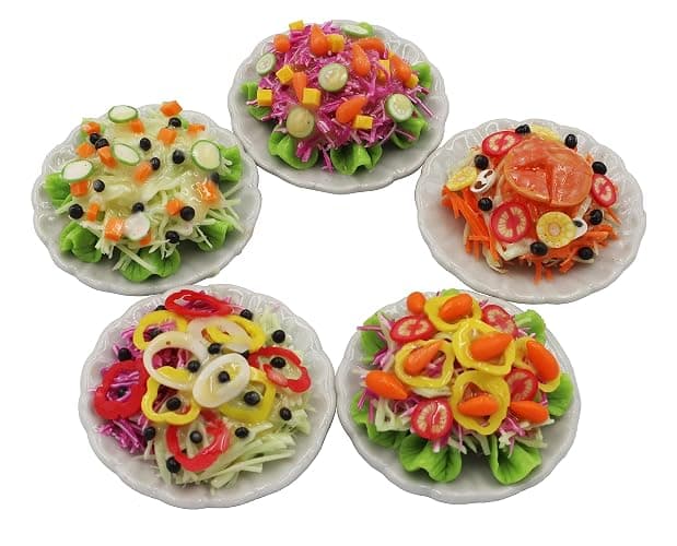 5 Assorted Salad with Plate for Dollhouse Miniature Food 1:6 Scale Realistic Clay Food for Dollhouses, Doll Accessories (A) - A - Image 1