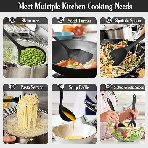 Onader Black Kitchen Utensils Set, 24 Pcs Silicone Cooking Utensils with 10 Hooks, Heat Proof Kitchen Tools Include Spatula Spoon Turner Tong for Non-Stick Cookware thumbnail 7
