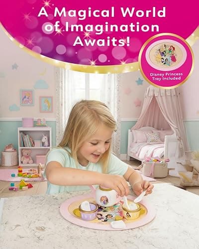 Disney Princess Wooden Tea Set – Pretend Play Tea Party Toy for Kids – Includes Teapot, Cups, Saucers, Spoons & Tray – Imaginative Role Play Set for Girls & Boys – Ages 3+, Pink thumbnail 7