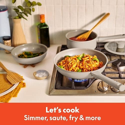 bella 7 Piece Cookware Set with EverGood™ Ceramic Nonstick Coating​, Dishwasher Safe Oven Safe, All Stovetops Compatible, Glass Lids with Silicone Rims, Cool Touch Handles, Oatmilk thumbnail 2