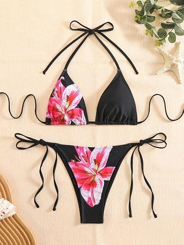 SEGT Women's 2 Piece Floral Print Halter Neck Tie Bikini Set Triangle String Thong Swimsuit Summer Bathing Suits for Women thumbnail 5
