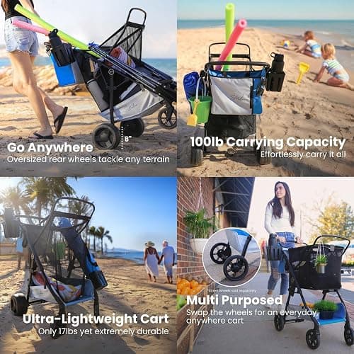 Strolee Large Wheeled Collapsible Beach Cart for Soft Sand, Shopping, Camping & Garden- Lightweight Aluminum Frame- Removable Storage Bag with Carrying Straps, X-L Capacity & Cooler Rack (Blue) thumbnail 5