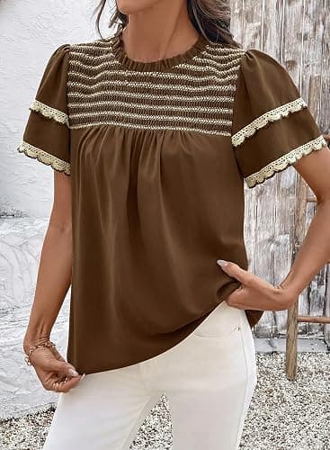 Dokotoo Womens Summer Smocked Tops Crewneck Short Ruffle Sleeve Blouses | Flowy Boho Clothes,Stylish Lace Trim,Summer Outfits,Striped,Casual Layered Sleeve,Babydoll Shirts,Texture,Back Keyhole thumbnail 5