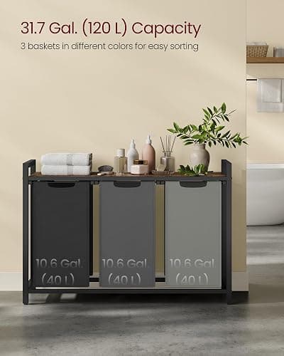 VASAGLE Laundry Hamper, Laundry Basket, Laundry Sorter with 3 Pull-Out and Removable Bags, Shelf, Metal Frame, 3 x 10.6 Gallons (40 L), 36.4 x 13 x 28.4 Inches, Tricolor and Rustic Brown UBLH301X01 - Tricolor + Rustic Brown - 120 L thumbnail 4