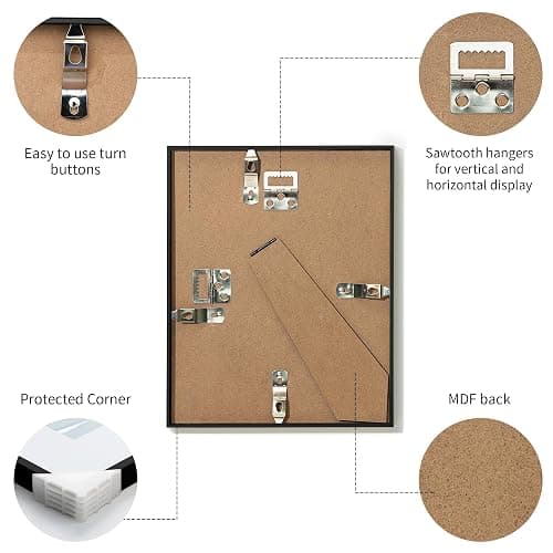 ZLG Black 8x10 Frame, Premium Metal Frame Matted to 5x7, 8x10 Picture Frame, High Definition Plexiglass, Wall Hook Included, Set of 3 thumbnail 6