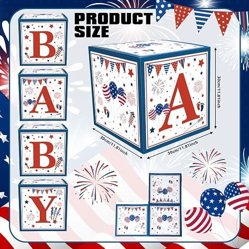 Vicenpal Red White and Blue Baby Shower Boxes with Letters for 4th of July 250th Anniversary Patriotic Decorations Gender Reveal Decoration Photo Prop Independence Day Decor Set of 4 thumbnail 3