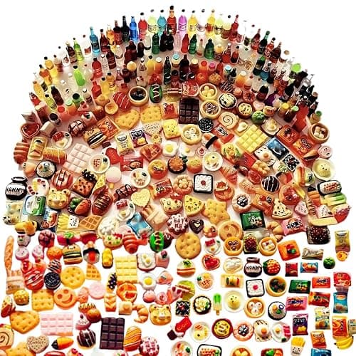250Pcs Mini Food Miniatures Food Drinks Bottles Toys Doll House Accessories 1:12 Playset Kitchen Game Pretend Play Party Mini Things Stuff Tiny Baking Micro Hamburger Ice Cream Cake Bread - Image 1